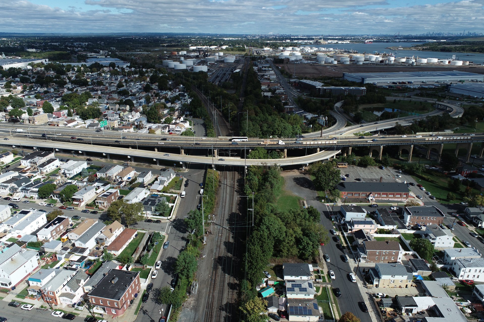 Drone view of Outerbridge Crossing approach roadway and structure